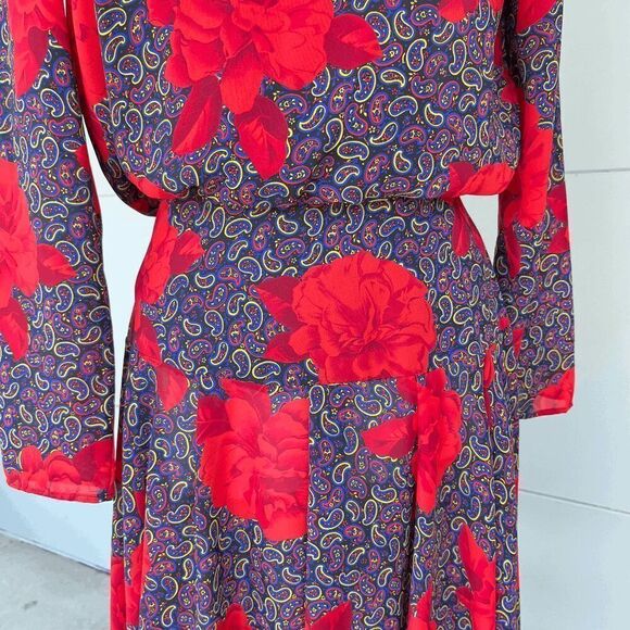Vintage 1980s Funky, Fit and Flare, Bold Paisley Rose Print Maximalist Midi Dres - Picture 8 of 8